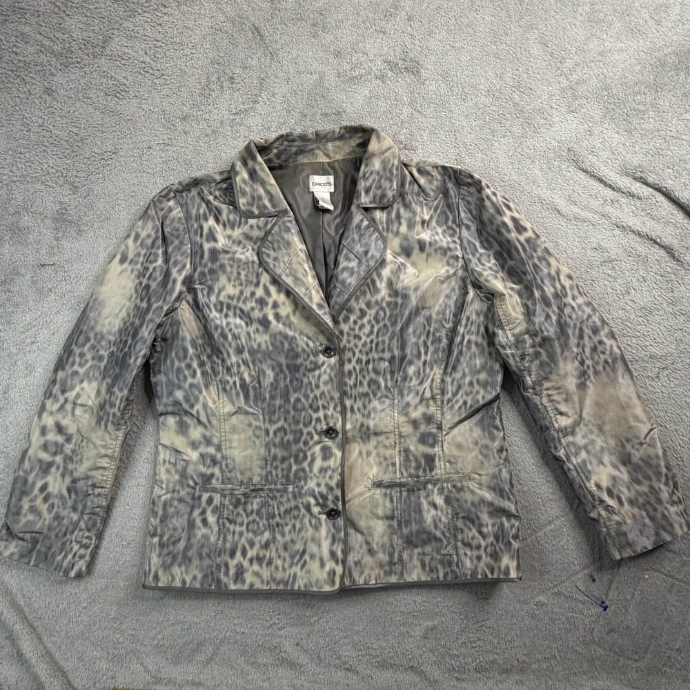 Chicos Leopard Print Blazer‎ Jacket Grey Cream Size 2 (US 12) Large Womens